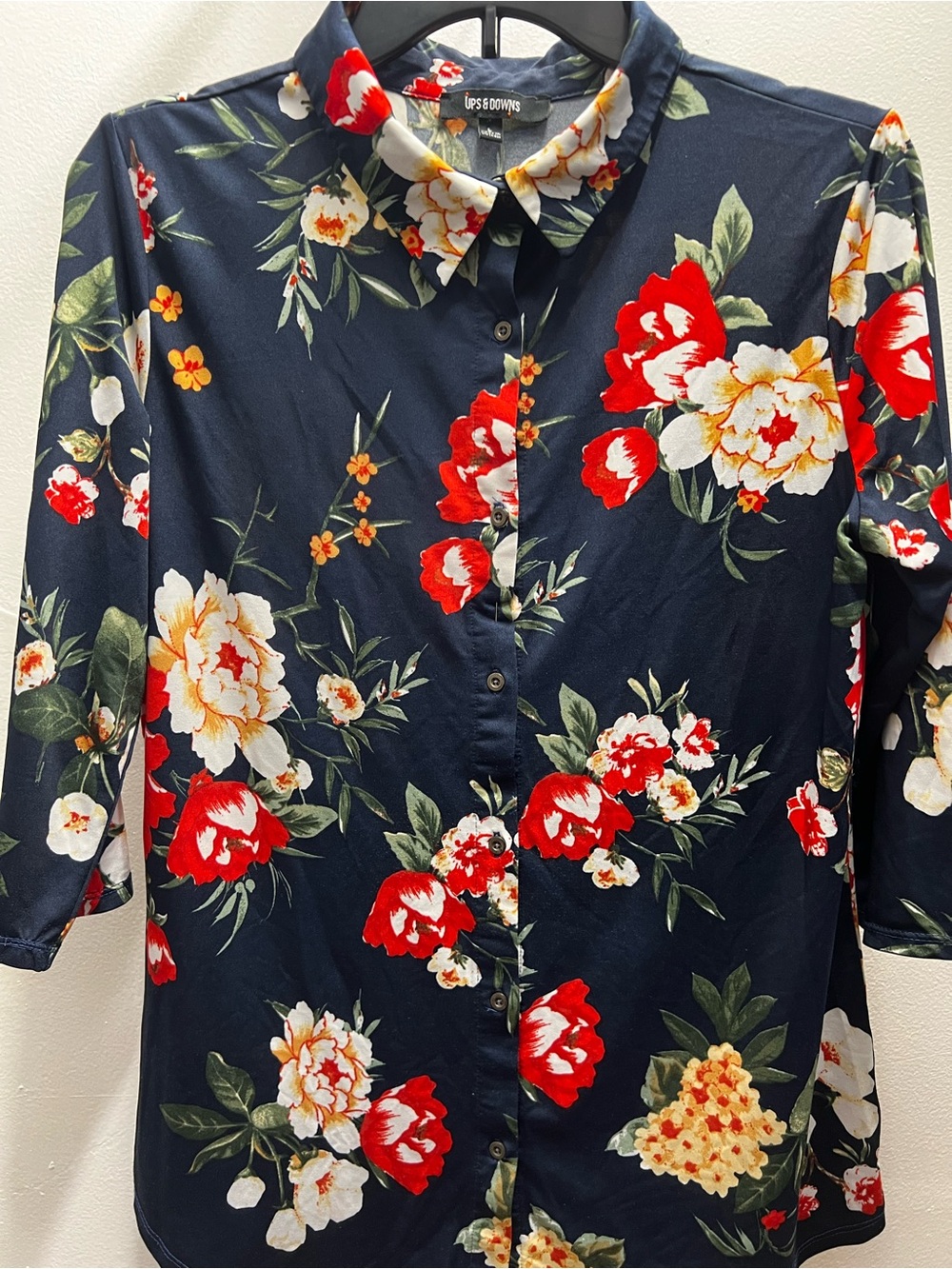 Ups & Downs Navy Button-Down Floral Shirt - Red & Cream Blooms